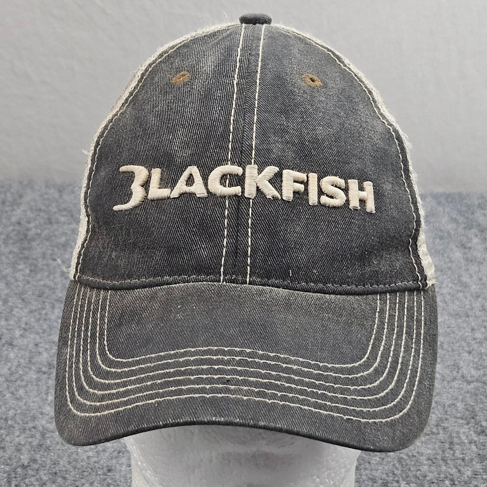 Blackfish Trucker Hat Black Beige Distressed Mesh Snapback Fishing Outdoor